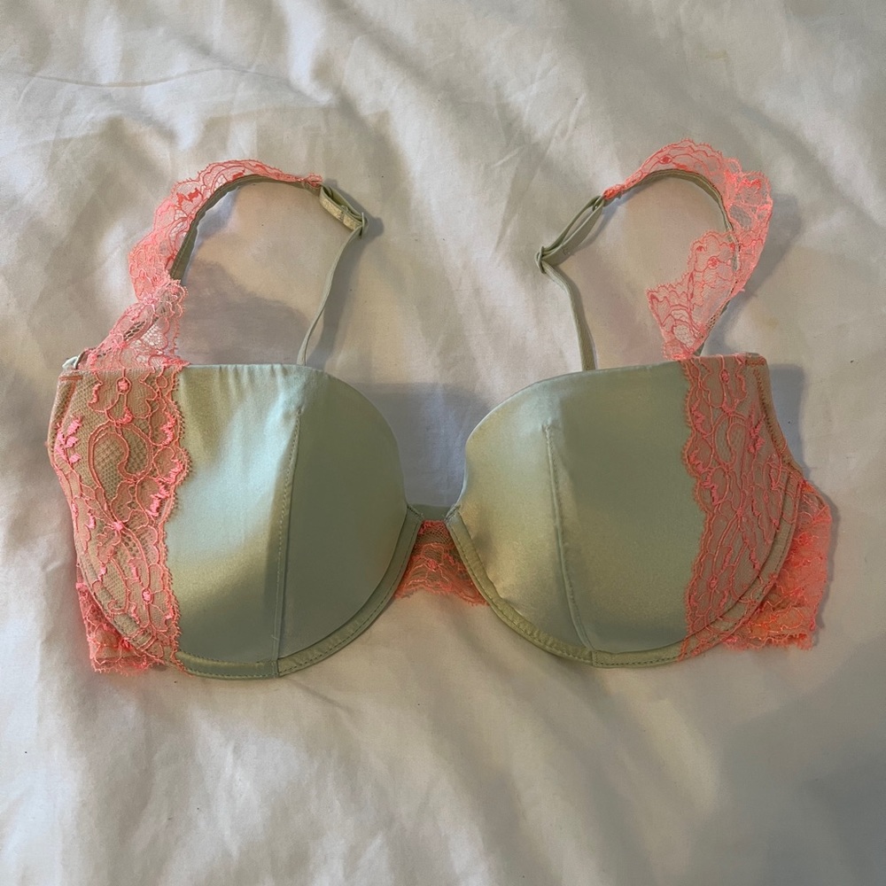 Light Green and Pink Lace and Satin Bra